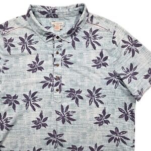 Carbon 2 Cobalt Floral Leaf AOP Henley Polo Shirt Raw Edge Cotton Blue Mens XL